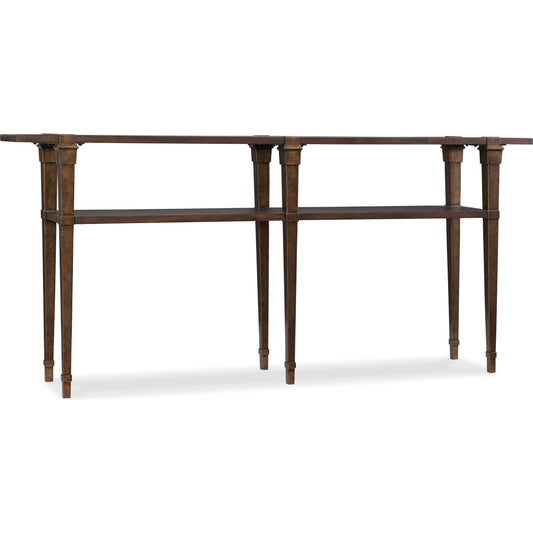Skinny Console Table by Hooker Furniture in dark acacia. Made from acacia veneers resin, metal sheet in a traditional style.
