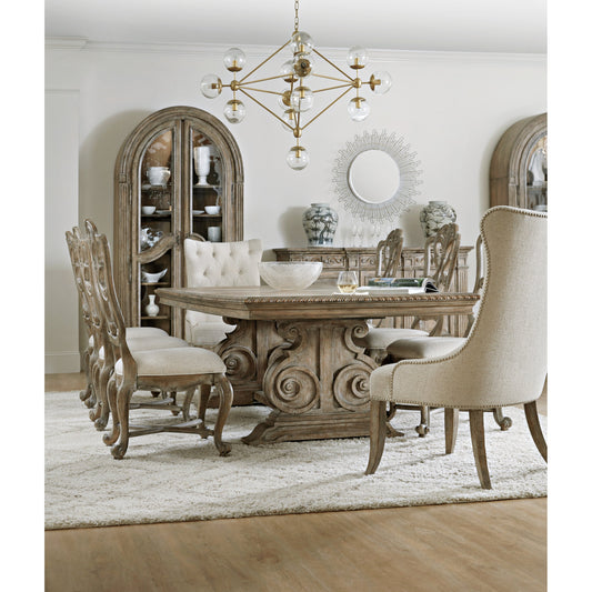 Castella Dining Table by Hooker Furniture in antique slate. Made from pecan, quartered walnut, quartered black walnut, quartered ash, maple veneers with resin in a traditional style.