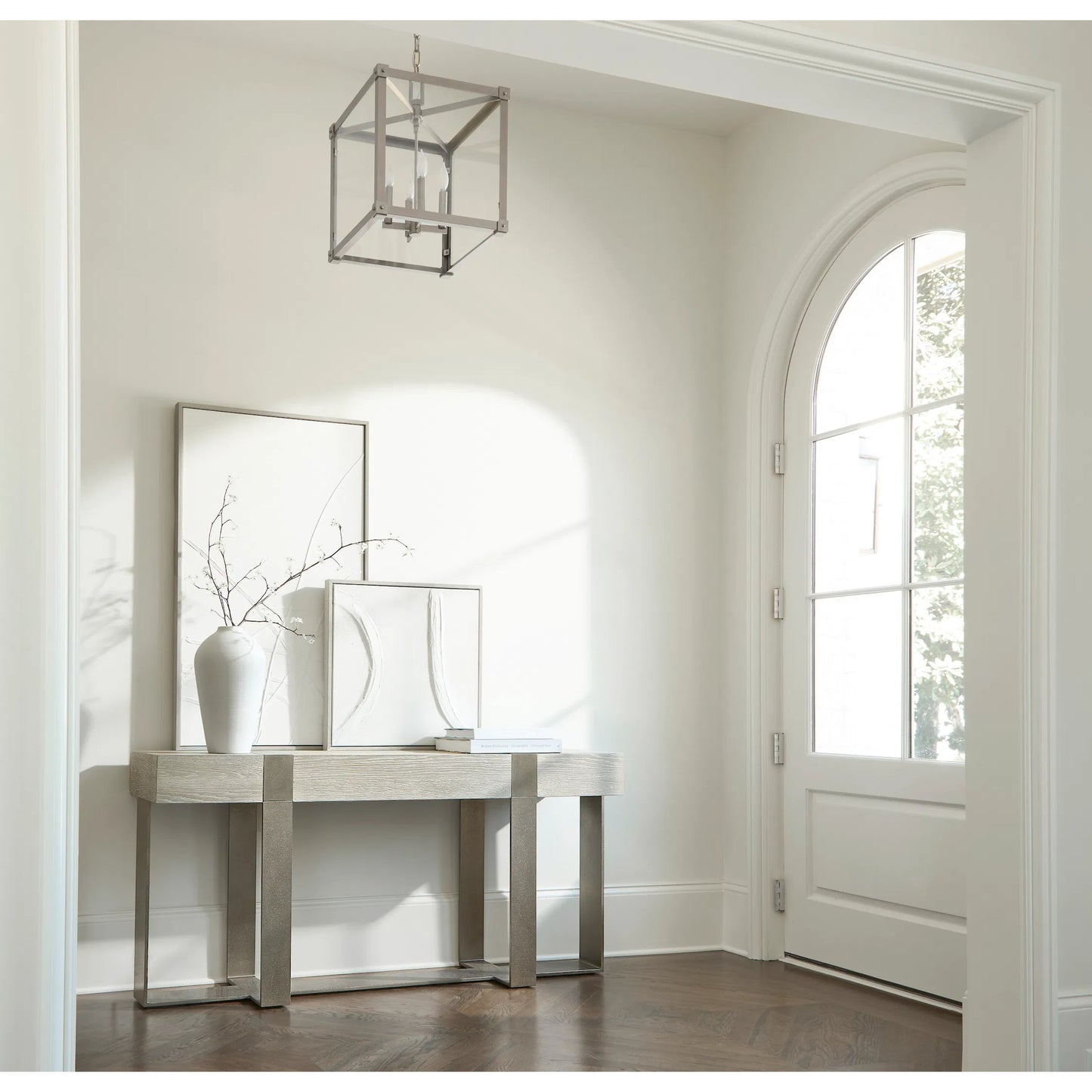 008 SI-2453332 | Lifestyle | Tempo Console Table by Bernhardt in larza, satin nickel. Made from oak, aluminum in a transitional style.