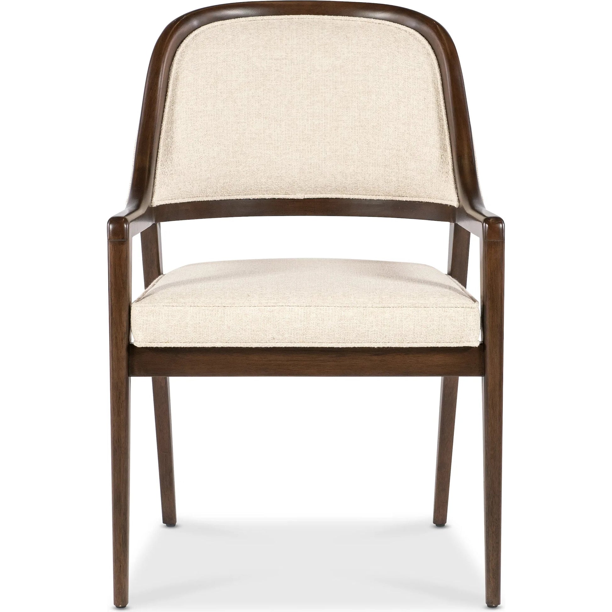 Archives Upholstered Curved Arm Chair by Hooker Furniture in curate wheat and classic walnut. Made from wood, fabric in a transitional style.