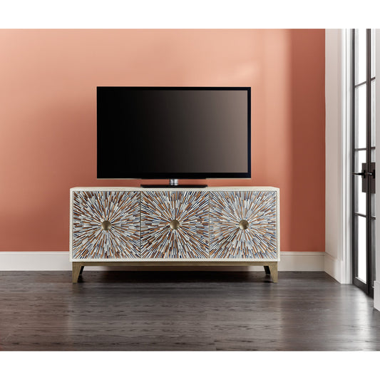 Melange Liberty Entertainment Console by Hooker Furniture in light wood. Made from mango wood with bone inlay, iron in a transitional style.