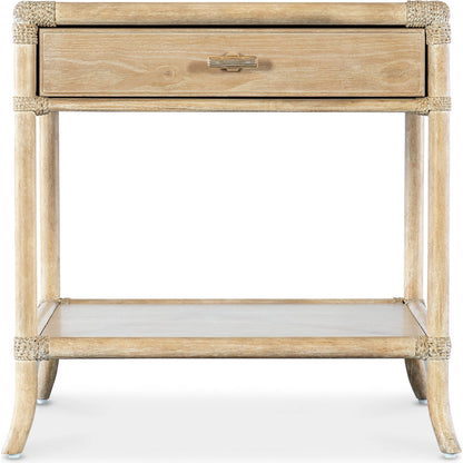 Retreat Pole Rattan End Table by Hooker Furniture in dune. Made from oak, maple veneers with rope in a cottage & farmhouse style.