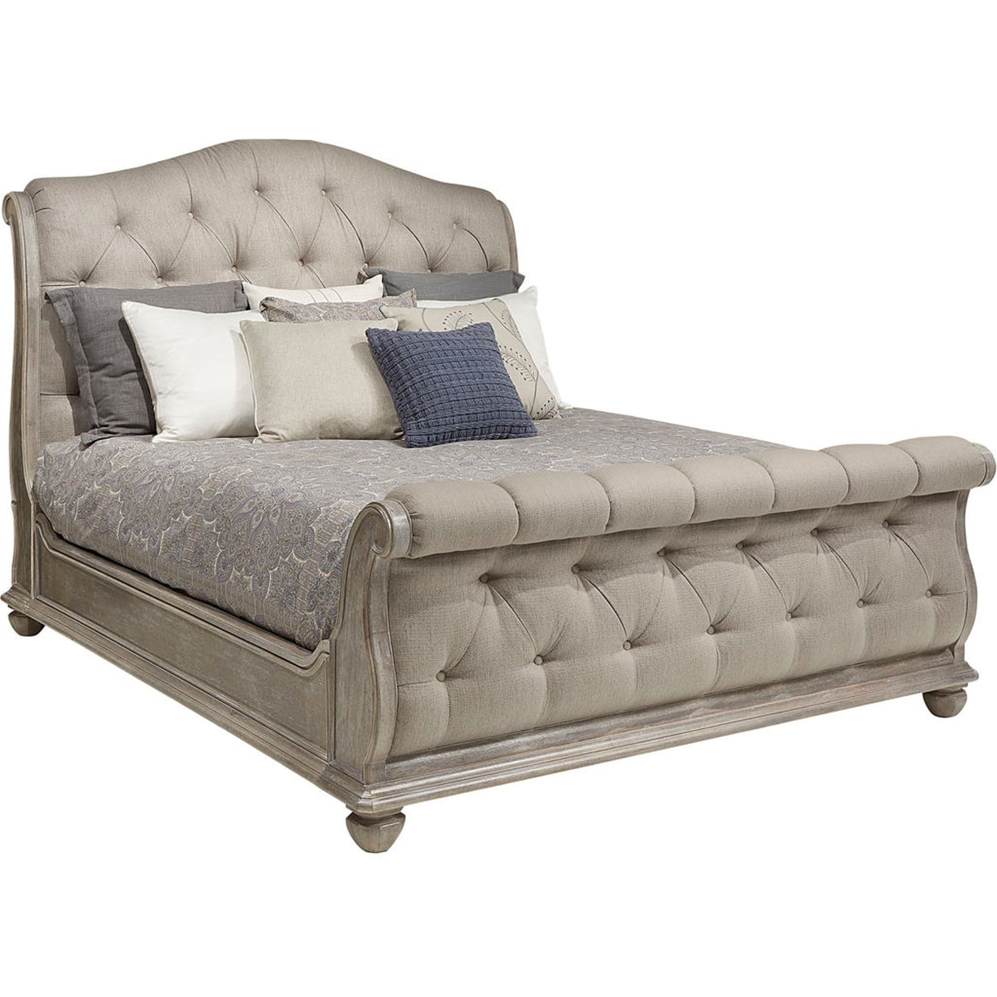 Summer Creek Shoals Tufted Sleigh Bed by A.R.T. Furniture in gray and scrubbed oak. Made from flakey cathedral oak veneer, parawood solids in a traditional style.