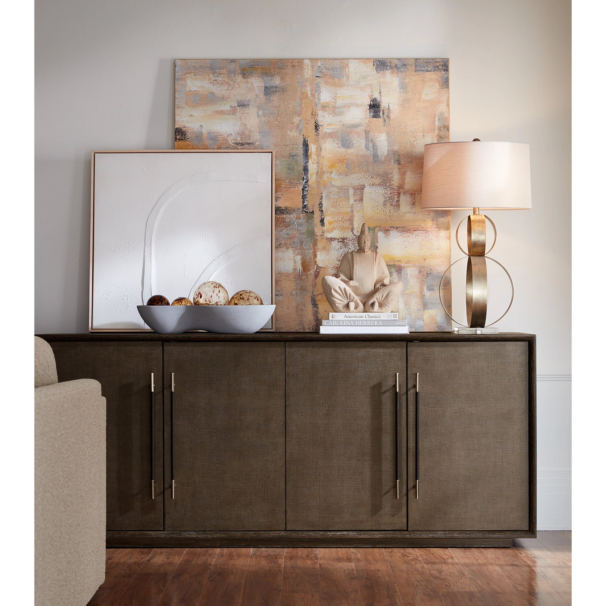 Modern Mood Entertainment Console by Hooker Furniture. Made from oak veneers, raffia in a modern style.