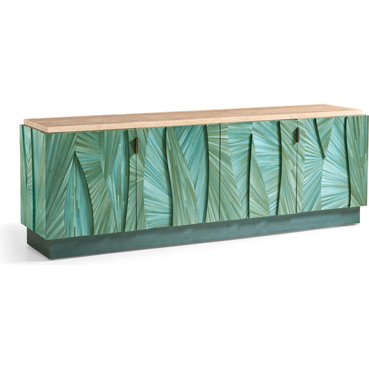 Seaglass Entertainment Console by Jonathan Charles in blue and blue straw. Made from straw, marble, stainless steel, koto veneer in a unique style.