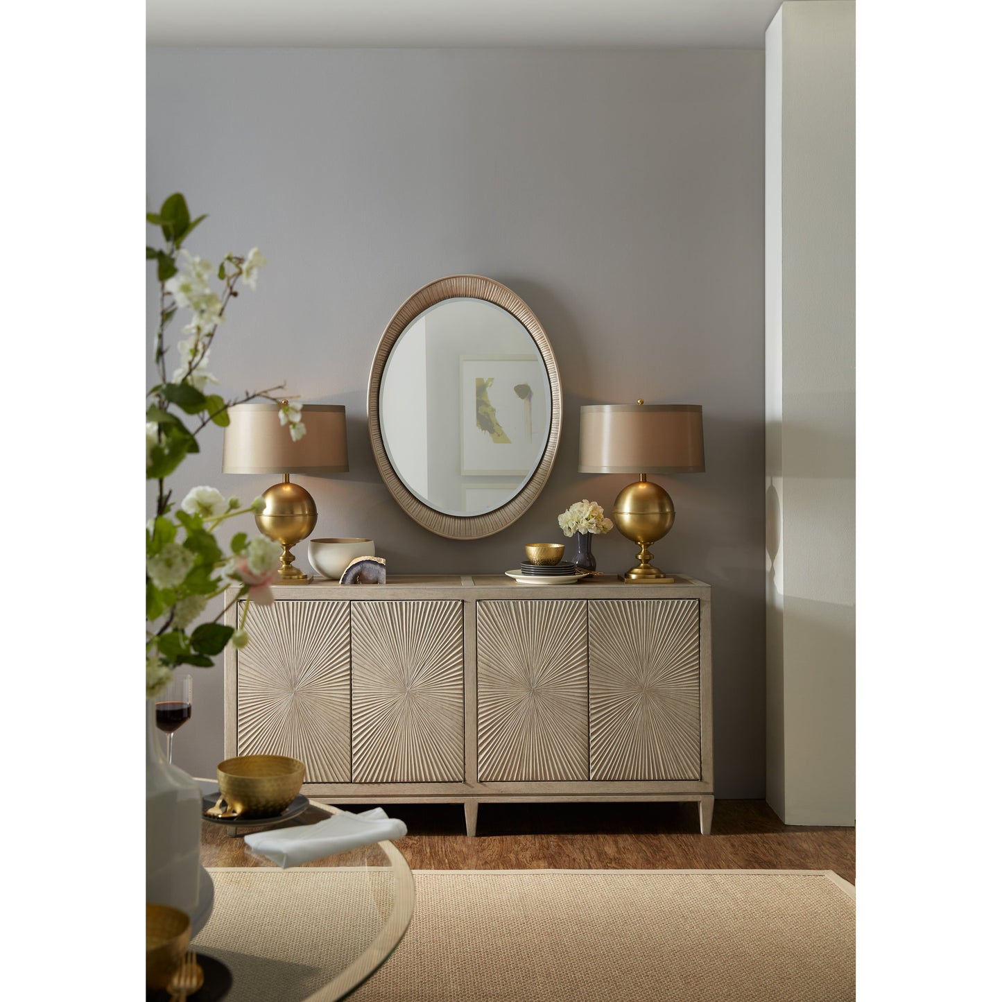002 SI-1748829 | Lifestyle | Elixir Buffet by Hooker Furniture in greige. Made from walnut veneers, faux shagreen in a cottage & farmhouse style.