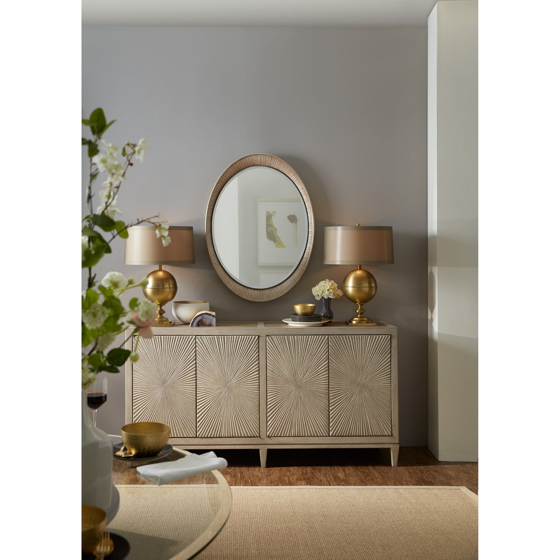 Elixir Buffet by Hooker Furniture in greige. Made from walnut veneers, faux shagreen in a cottage & farmhouse style.
