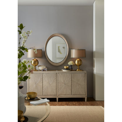 Elixir Buffet by Hooker Furniture in greige. Made from walnut veneers, faux shagreen in a cottage & farmhouse style.