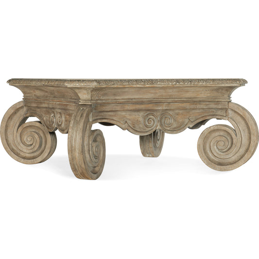 Castella Square Cocktail Table by Hooker Furniture in antique slate. Made from pecan, quartered walnut, quartered black walnut, ash, maple veneers in a traditional style.