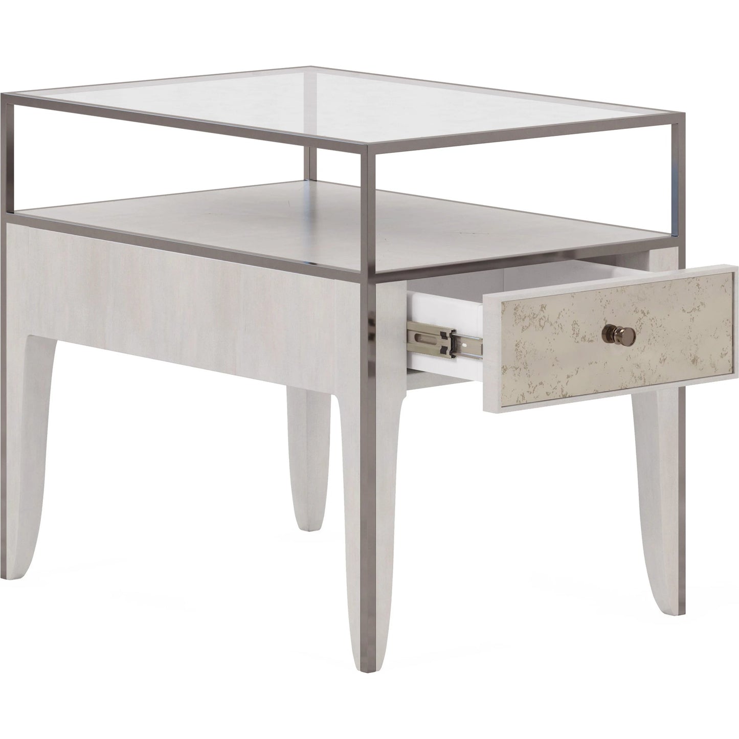 003 SI-2155801 | Additional Silo | Mezzanine End Table by A.R.T. Furniture in dove gray. Made from parawood, poplar solids, maple veneer, mirror, glass, steel in a modern style.