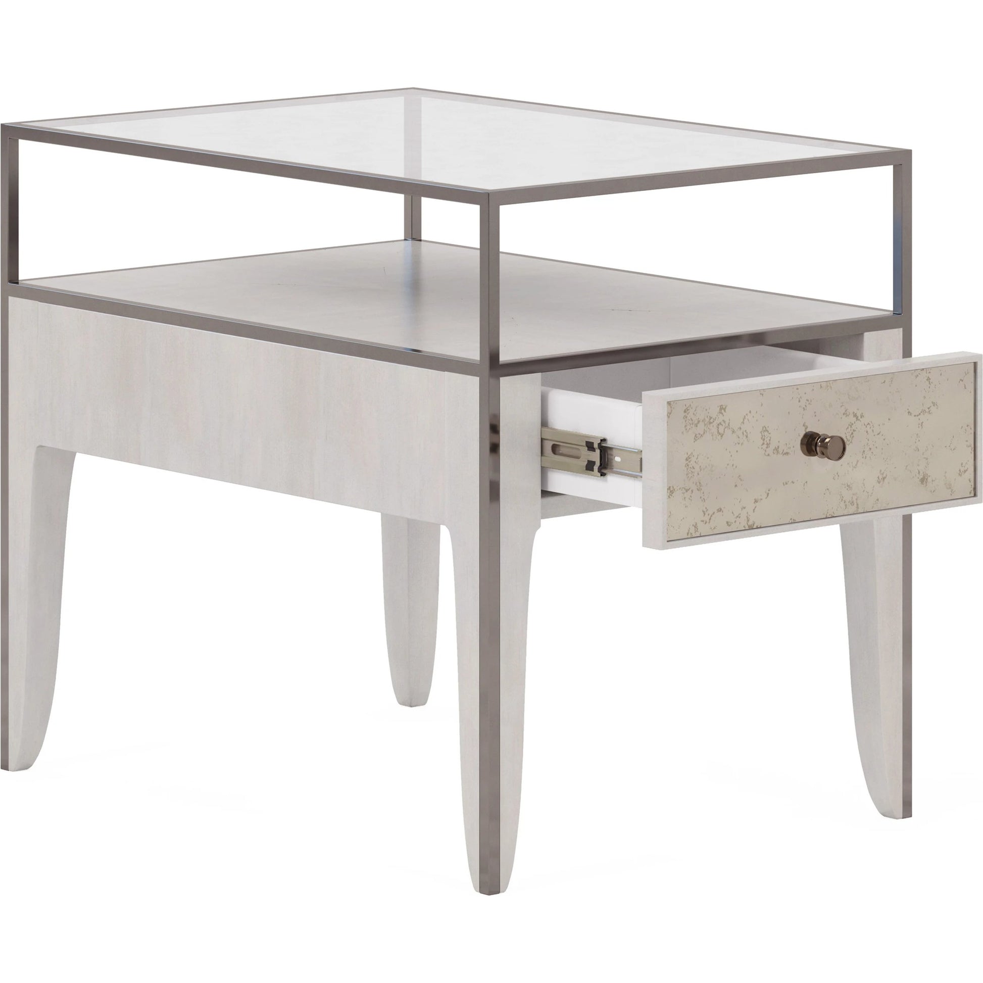 Mezzanine End Table by A.R.T. Furniture in dove gray. Made from parawood, poplar solids, maple veneer, mirror, glass, steel in a modern style.