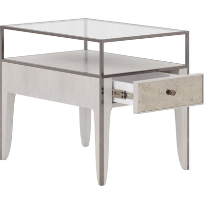 Mezzanine End Table by A.R.T. Furniture in dove gray. Made from parawood, poplar solids, maple veneer, mirror, glass, steel in a modern style.