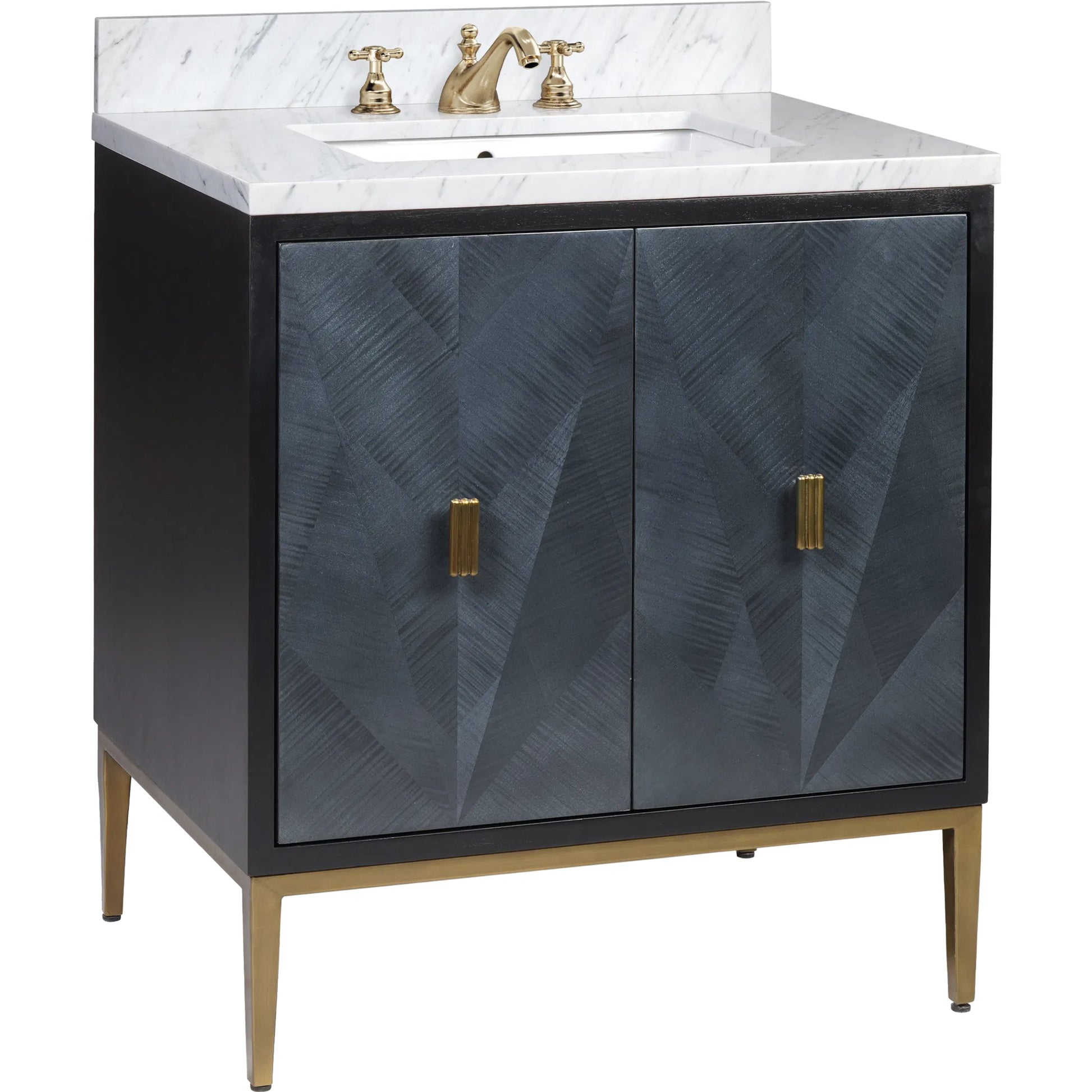 Kallista 30" Blue Vanity with Undermount Sink by Currey and Company in dark sapphire, caviar black, natural, white, antique brass. Made from sycamore veneer, mahogany veneer, carrera marble, vitreous china, iron, brass in a eclectic & 