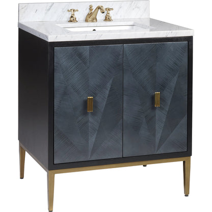 Kallista 30" Blue Vanity with Undermount Sink by Currey and Company in dark sapphire, caviar black, natural, white, antique brass. Made from sycamore veneer, mahogany veneer, carrera marble, vitreous china, iron, brass in a eclectic & 