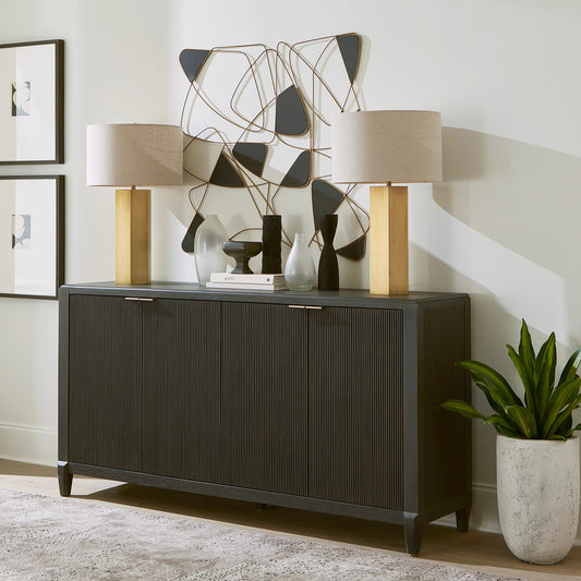West End Loft 4-Door Server by Pulaski Furniture in tuxedo. Made from rubberwood in a modern style.