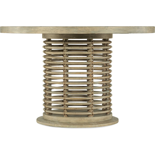 Surfrider Rattan Dining Table by Hooker Furniture in driftwood. Made from resin, rope, pecan veneers with solid-wood edge top in a coastal style.