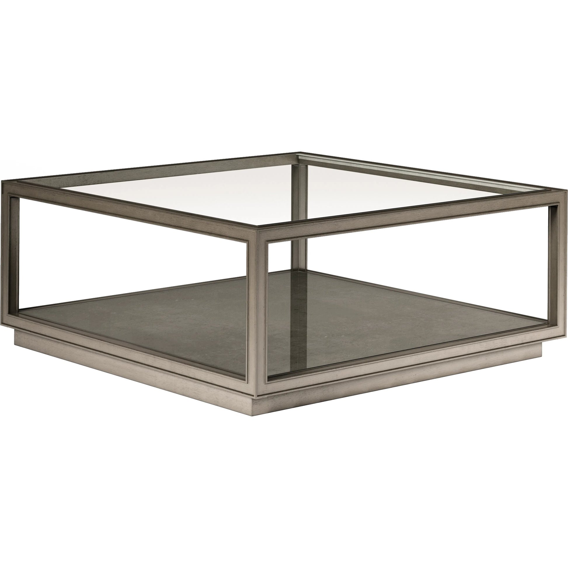 Cove Square Cocktail Table by A.R.T. Furniture in grey and mica. Made from rubberwood solids, primavera veneer, glass, cork in a traditional style.