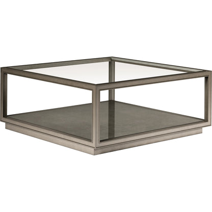 Cove Square Cocktail Table by A.R.T. Furniture in grey and mica. Made from rubberwood solids, primavera veneer, glass, cork in a traditional style.