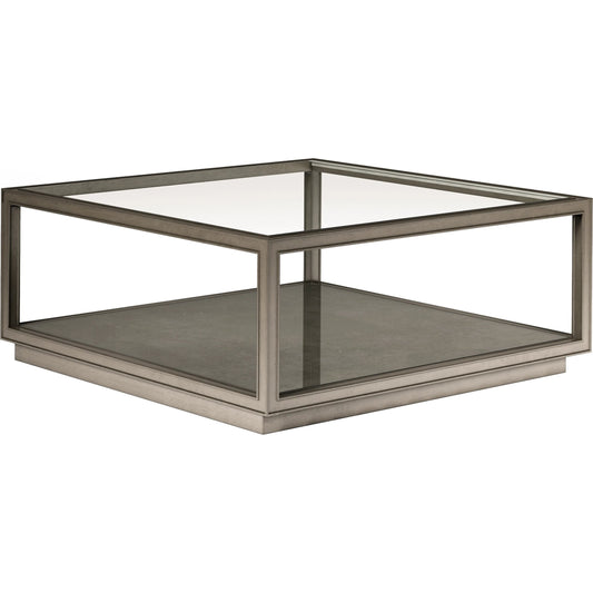 Cove Square Cocktail Table by A.R.T. Furniture in grey and mica. Made from rubberwood solids, primavera veneer, glass, cork in a unique style.
