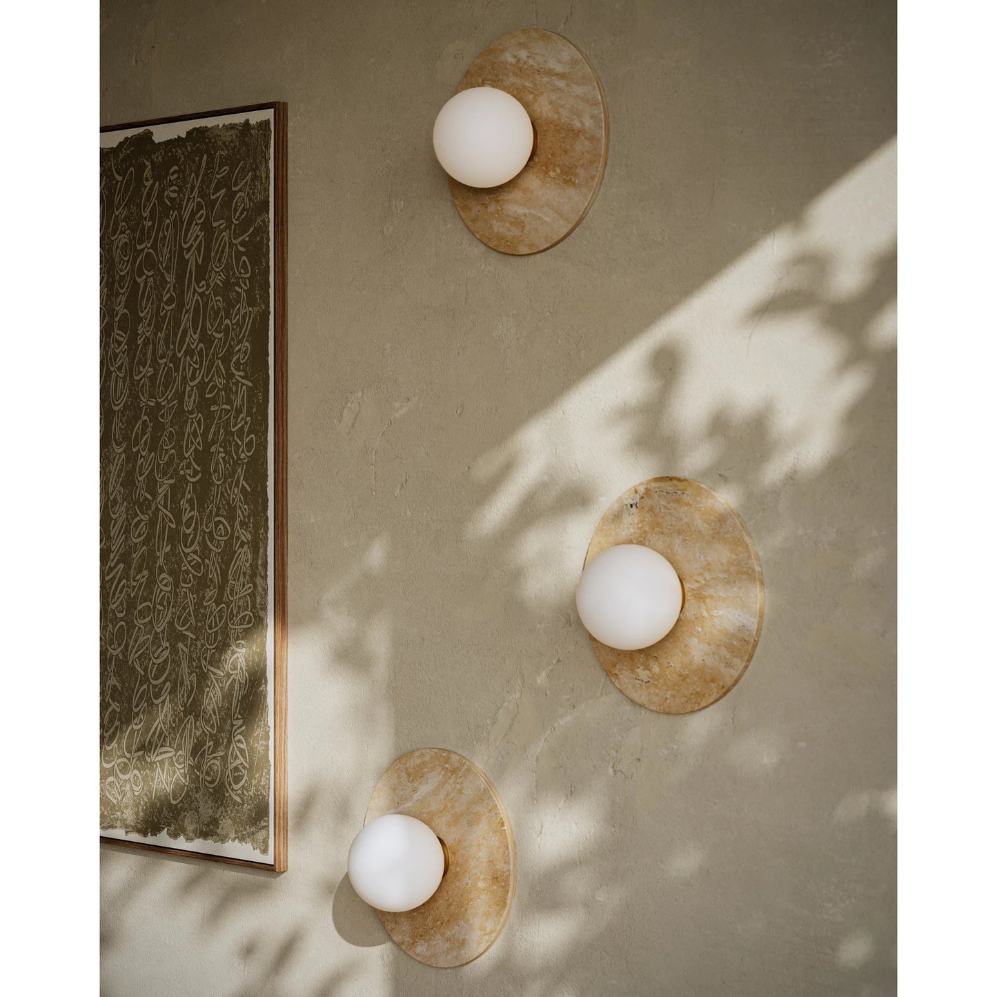 005 SI-2191644 | Lifestyle | Apricity Wall Sconce by Currey and Company in beige, antique brass, frosted white. Made from travertine, metal, glass in a modern style.
