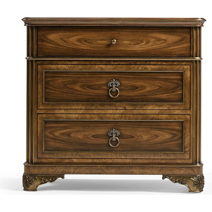 Viceroy Bedside Chest by Jonathan Charles in brown and santos brown, antique brass. Made from mahogany, cerejeira veneers, santos rosewood crown veneers, brass in a traditional style.