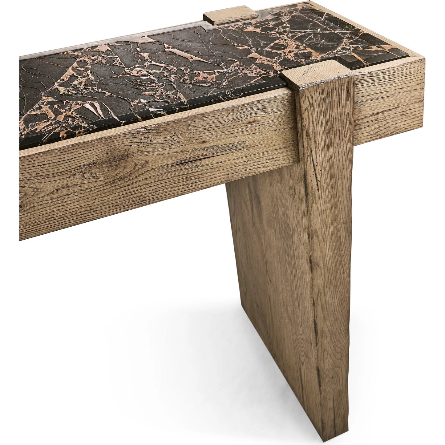 009 SI-2462589 | Closeup | Echo Canyon Marble Console by Jonathan Charles in faded oak. Made from oak veneer in a cottage & farmhouse style.