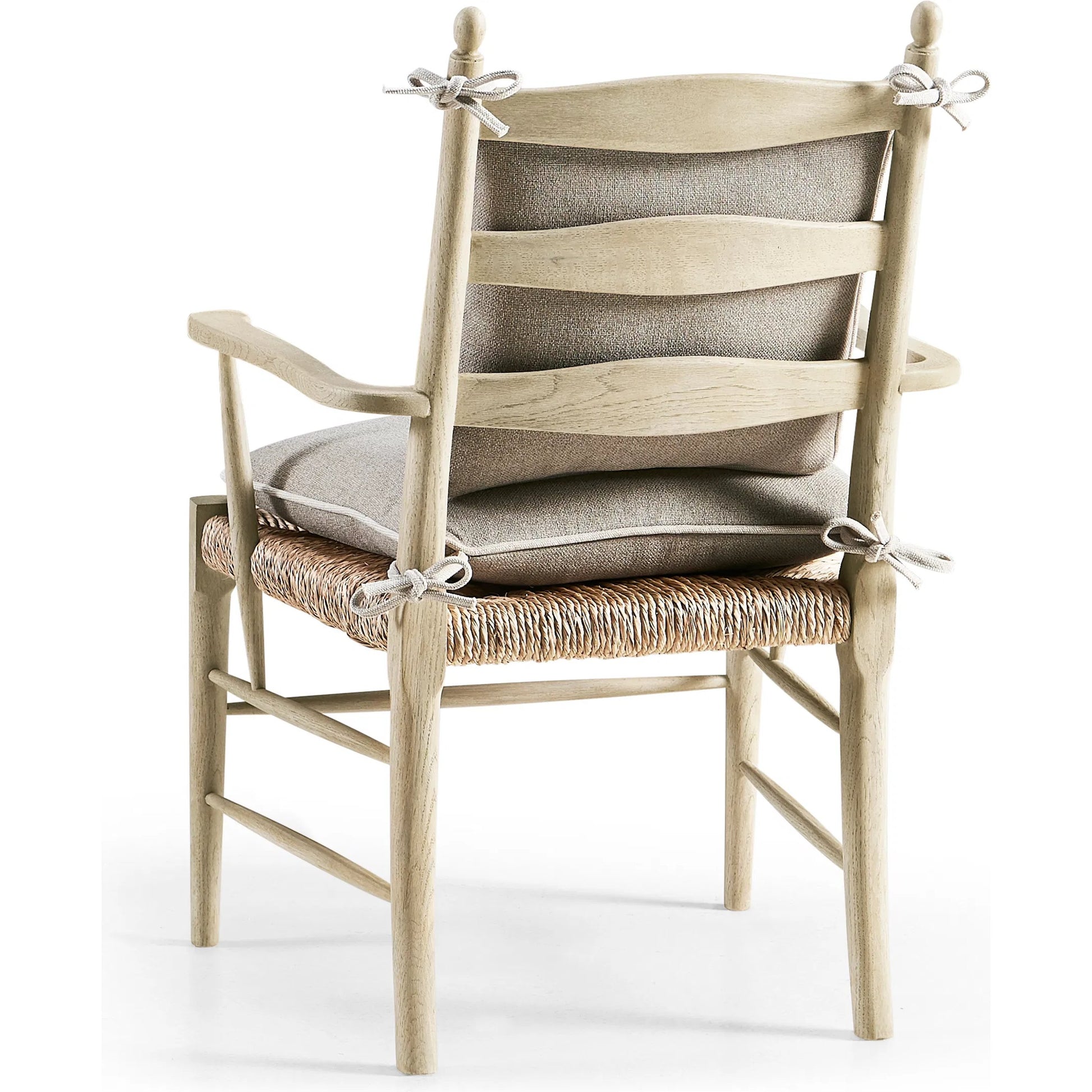 Timeless Doppler Ladderback Arm Chair by Jonathan Charles in stripped brown chestnut. Made from oak, fiber rush, foam, fabric in a coastal style.