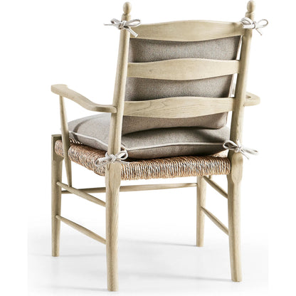 Timeless Doppler Ladderback Arm Chair by Jonathan Charles in stripped brown chestnut. Made from oak, fiber rush, foam, fabric in a coastal style.