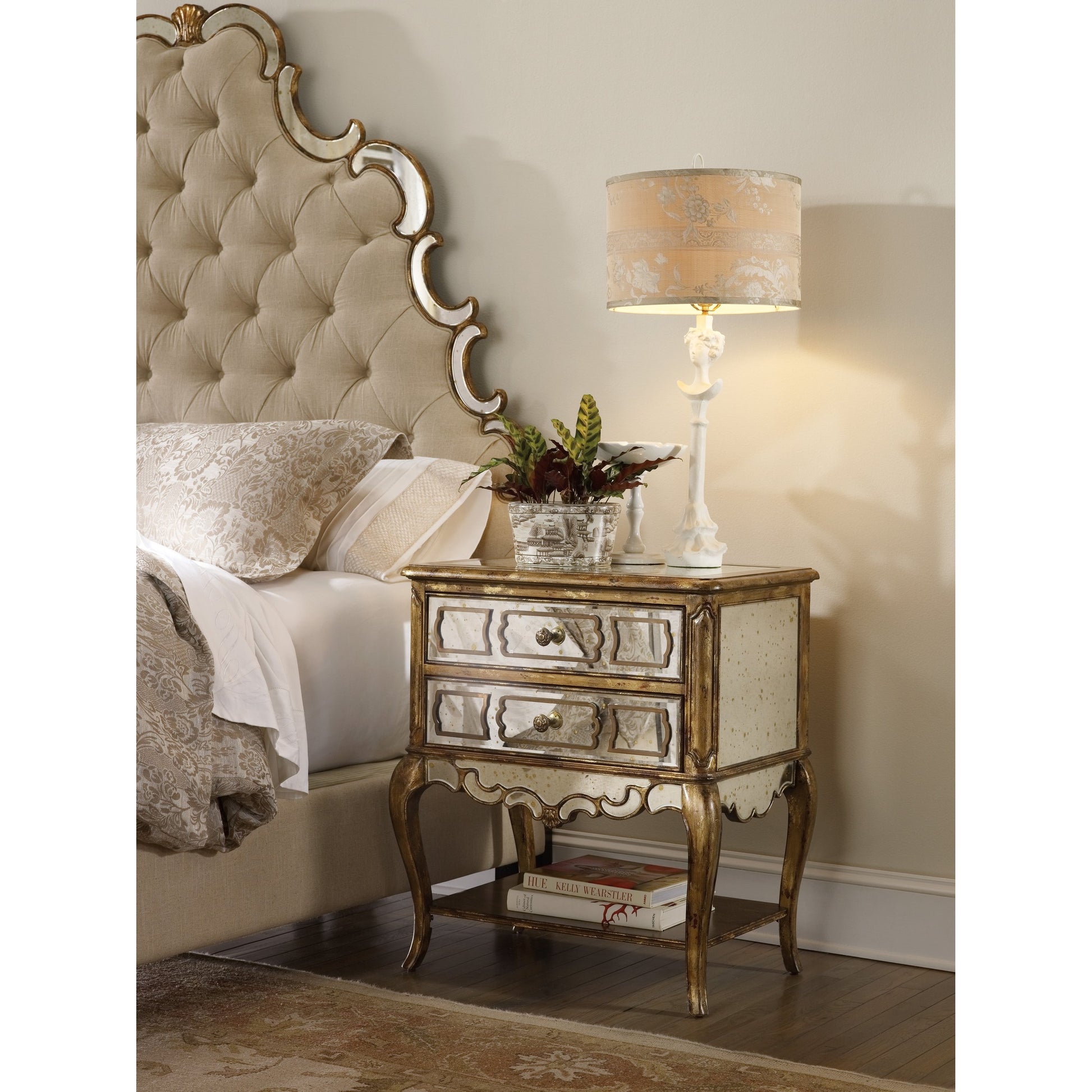 Sanctuary Two Drawer Nightstand by Hooker Furniture in bling. Made from birch veneers with antique mirror, metal in a traditional style.