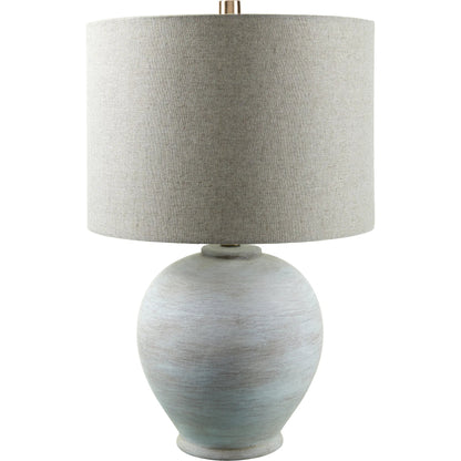 Kaia Accent Table Lamp 531691 by Livabliss in body: cream; shade: beige; finial: metallic - brass; harp: metallic - brass; cord: translucent and coloredplated. Made from ceramic, linen, polyester, iron in a modern style.