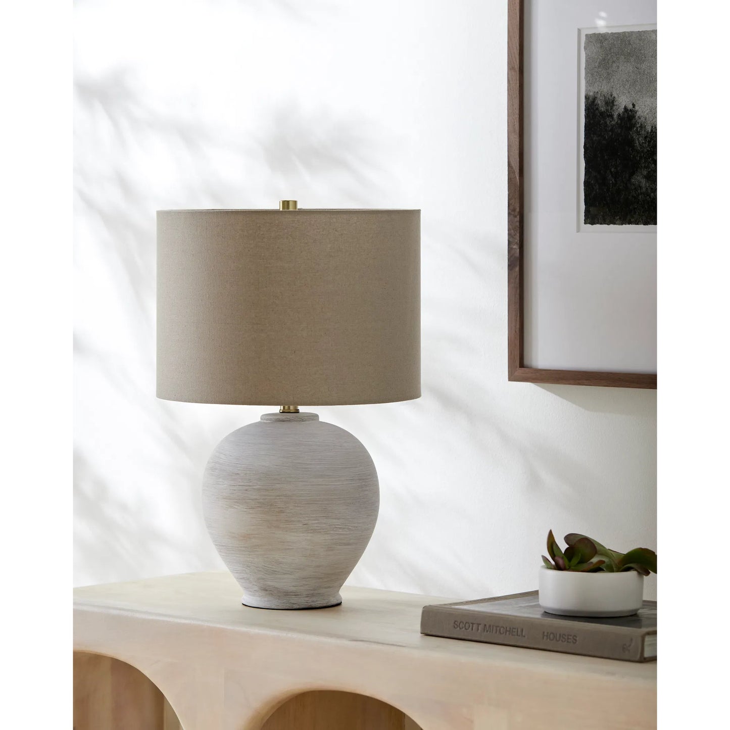 002 SI-2245597 | Lifestyle | Kaia Accent Table Lamp 531691 by Livabliss in body: cream; shade: beige; finial: metallic - brass; harp: metallic - brass; cord: translucent and coloredplated. Made from ceramic, linen, polyester, iron in a modern style.