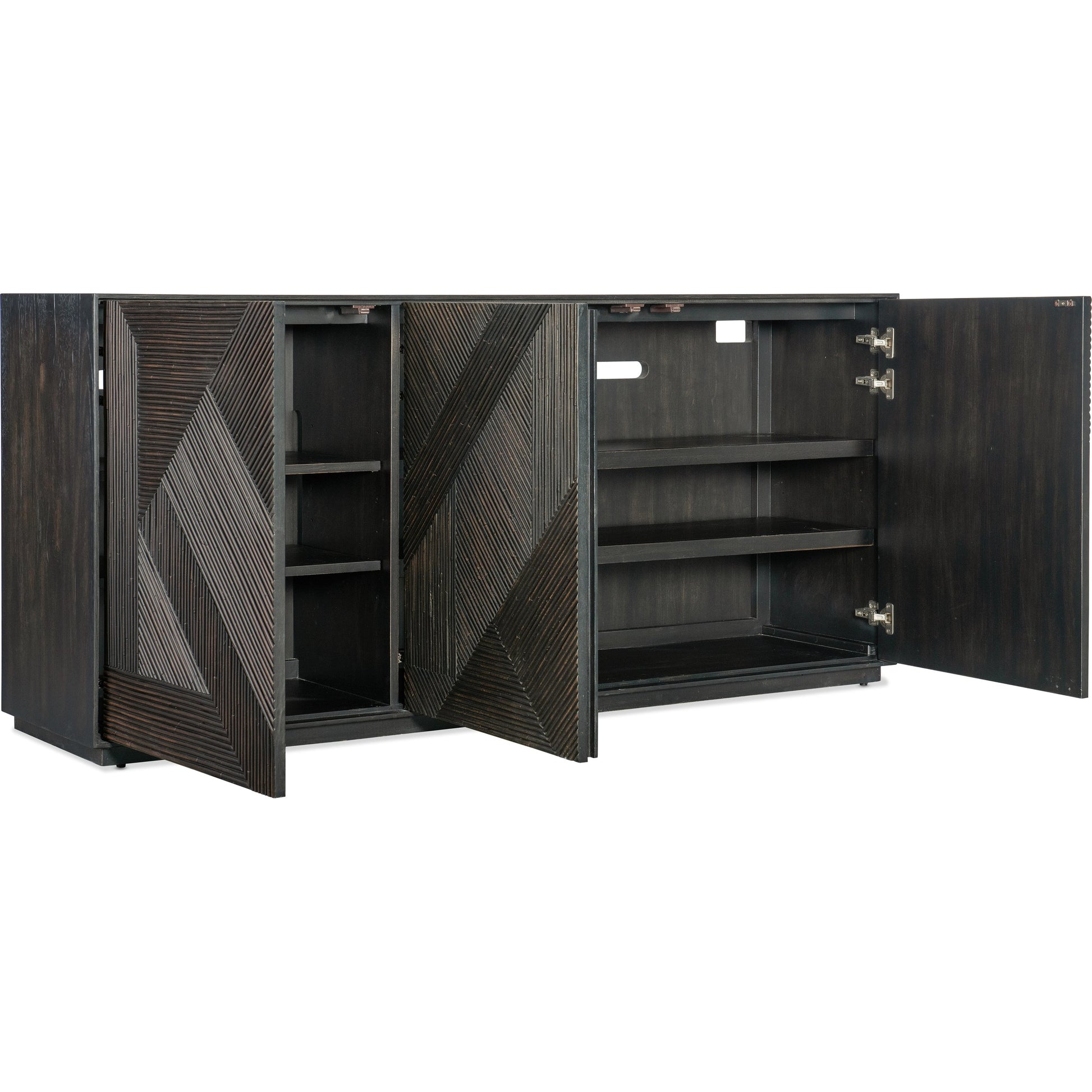 Black Retreat Entertainment Credenza by Hooker Furniture in black sand. Made from oak veneers, resin in a modern style.
