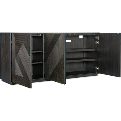 Black Retreat Entertainment Credenza by Hooker Furniture in black sand. Made from oak veneers, resin in a modern style.