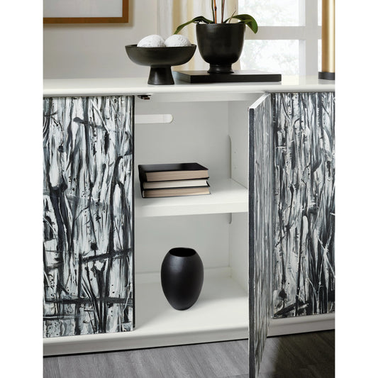 Melange Graffitio Credenza by Hooker Furniture in whites, creams, beiges and white lacquer. Made from maple veneers in a modern style.