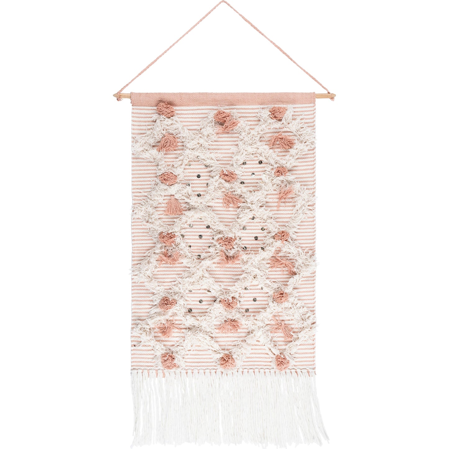 001 SI-1883673,SI-1883674 | Primary Silo | Kari Wall Hanging - 25008 by Livabliss in white, peach. Made from 60% cotton, 40% polyester, 100% wood in a eclectic & global style.