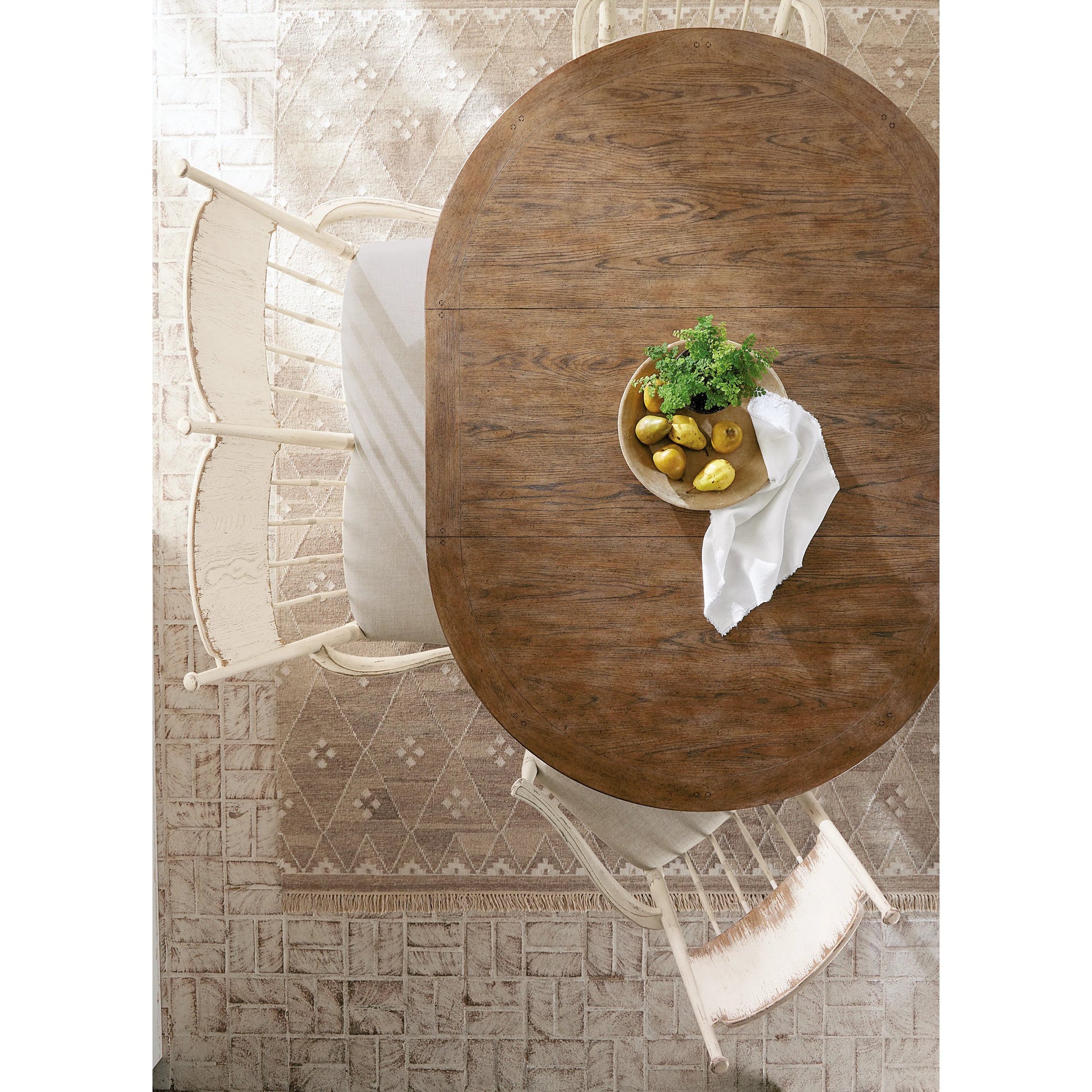 Americana Dining Bench by Hooker Furniture in beige. Made from oak veneers and fabric in a cottage & farmhouse style.