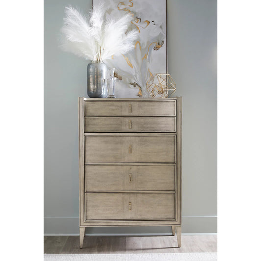 Cove Drawer Chest by A.R.T. Furniture in grey and mica. Made from rubberwood solids, primavera veneers, metal in a unique style.