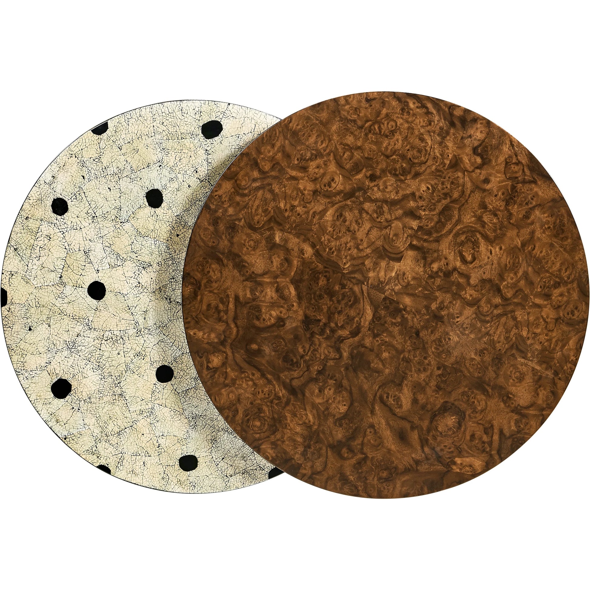 Jacques Martini Table by Jonathan Charles in brown and walnut burl. Made from book match walnut burl veneer, egg shell in a unique style.
