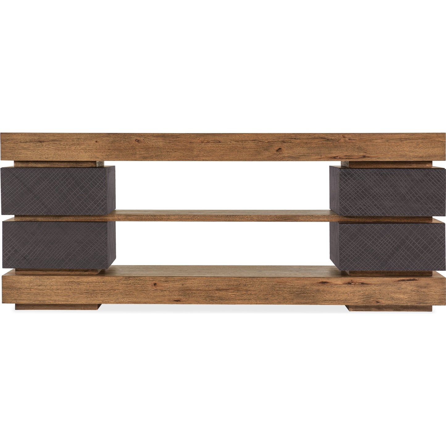 004 SI-1959505 | Additional Silo | Big Sky 4-Drawer Entertainment Console by Hooker Furniture in furrowed bark. Made from pecky hickory veneers, resin, solid-wood edged top in a modern style.