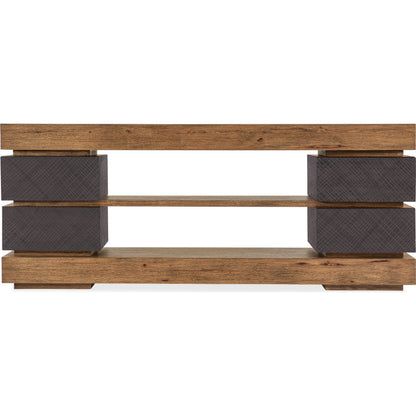 Big Sky 4-Drawer Entertainment Console by Hooker Furniture in furrowed bark. Made from pecky hickory veneers, resin, solid-wood edged top in a modern style.