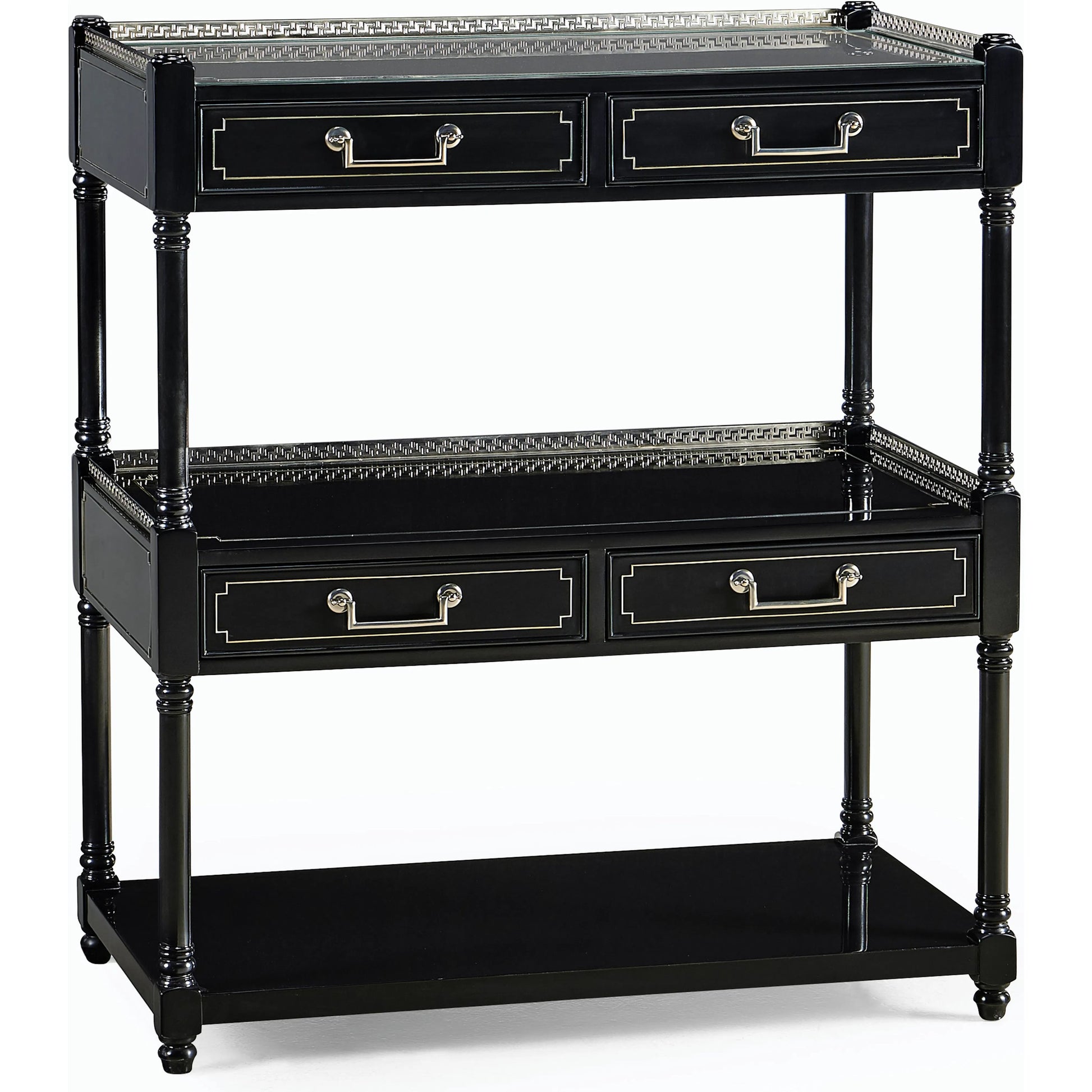 Reimagined Flux Lacquer Etagere by Jonathan Charles in lacquered black. Made from acacia in a modern style.