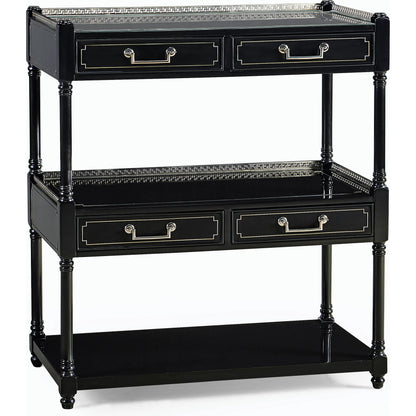 Reimagined Flux Lacquer Etagere by Jonathan Charles in lacquered black. Made from acacia in a modern style.