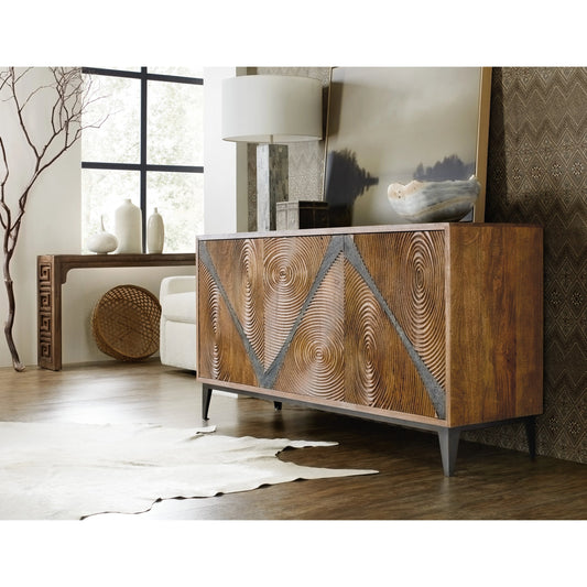 Commerce & Market Vortex Credenza by Hooker Furniture in medium wood, gray slate. Made from mango solids, iron in a unique style.