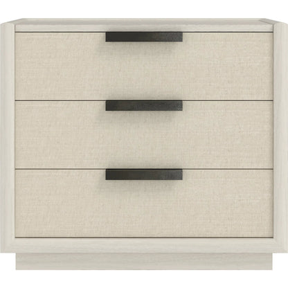 Cotiere Nightstand in Linen by A.R.T. Furniture in linen. Made from parawood solids, mixed split cathedral, quarter white oak veneers, fabric in a transitional style.