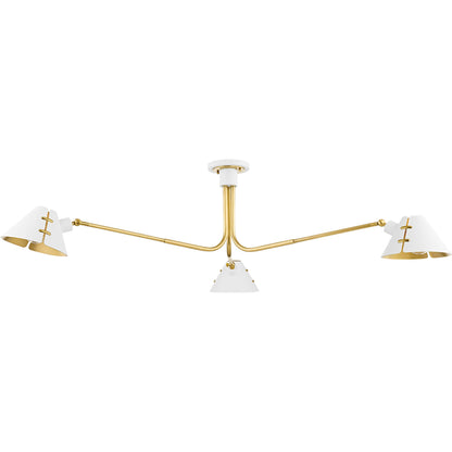 Split 3 Light Semi Flush by Hudson Valley in aged brass, soft white. Made from steel in a modern style.