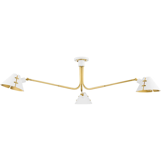 Split 3 Light Semi Flush by Hudson Valley in aged brass, soft white. Made from steel in a modern style.