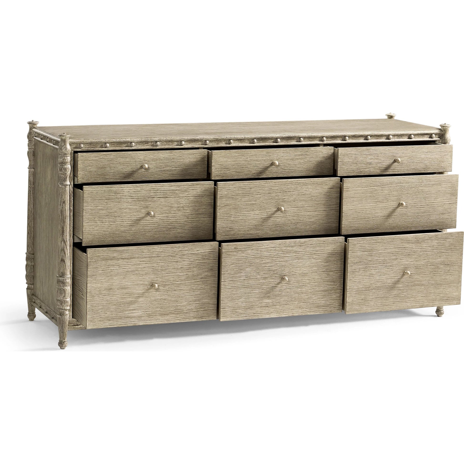 Morris Dresser by Jonathan Charles in grey and greyed oak. Made from oak, oak veneer, aluminum, sycamore veneer in a traditional style.