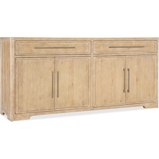 Retreat Buffet by Hooker Furniture in dune. Made from oak, maple veneers with travertine stone veneers in a cottage & farmhouse style.