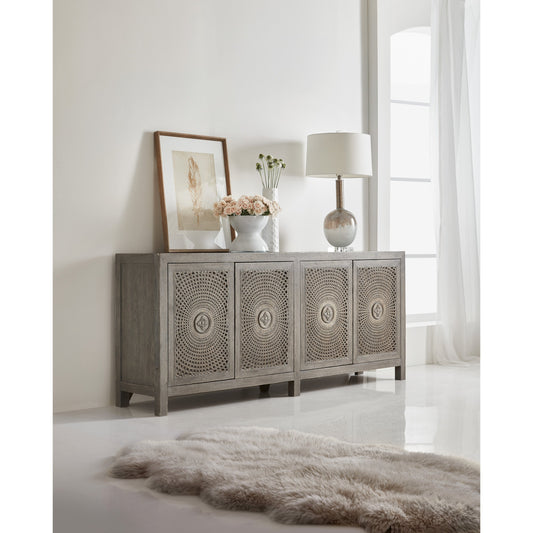 Emmett Entertainment Console by Hooker Furniture in natural gray. Made from oak veneers in a cottage & farmhouse style.