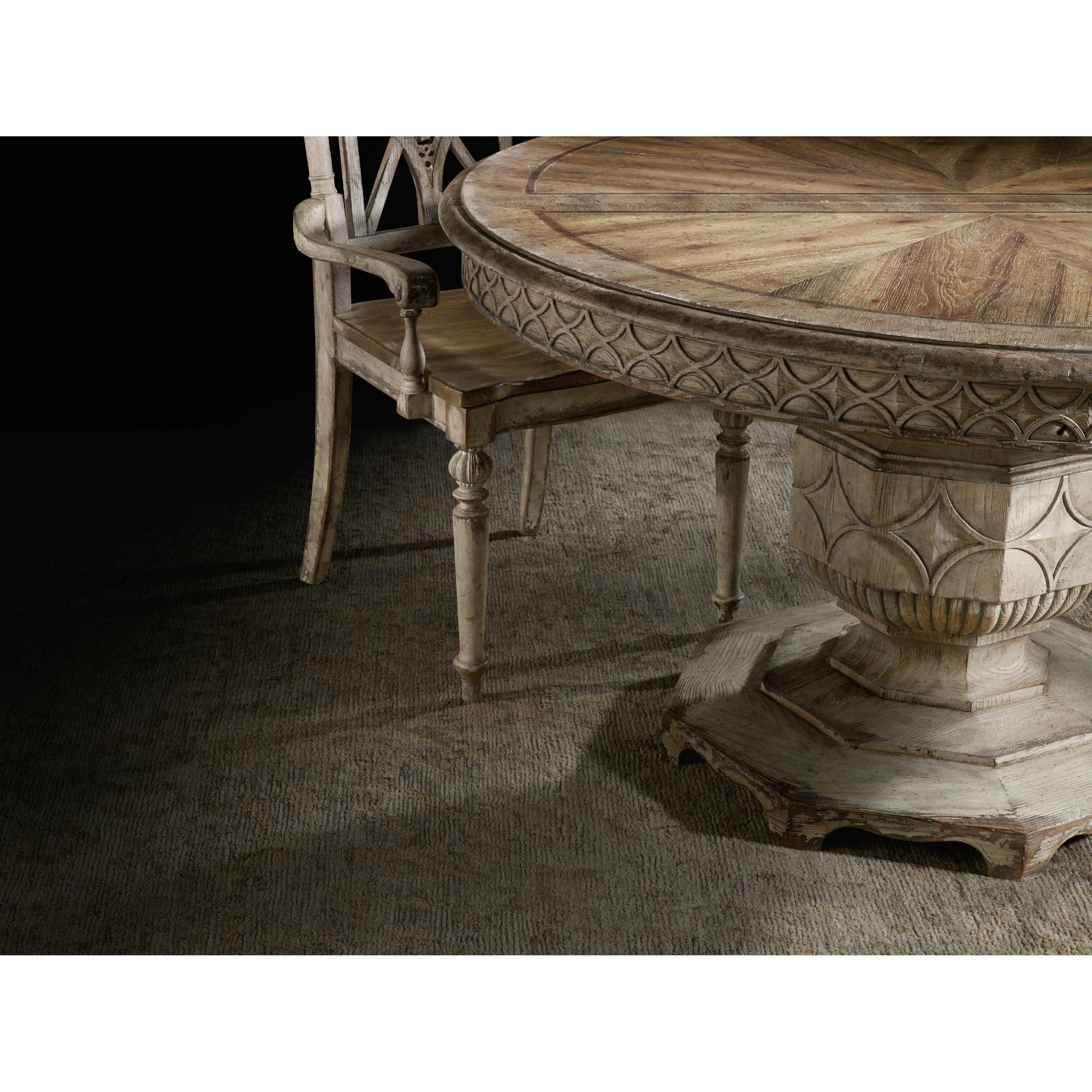 Chatelet Round Dining Table by Hooker Furniture in paris vintage. Made from pecan, walnut, maple veneers, resin, solid-wood edge top in a traditional style.